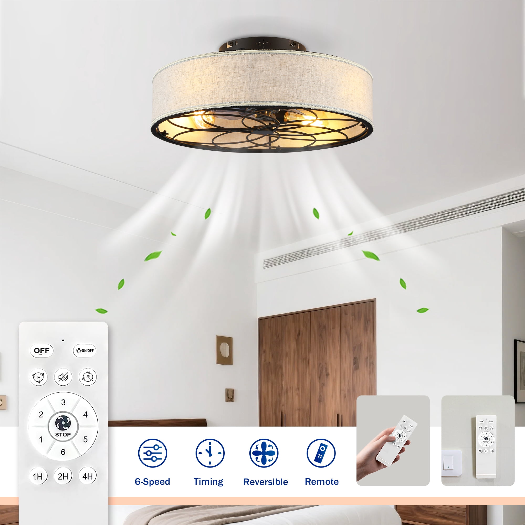 Leumius 20" Fabric Farmhouse Ceiling Fan with Light and Remote Control,Low Profile Modern Enclosed Ceiling Fans with Reversible Motor for Living Room,Bedroom,Kitchen (NOT Included Bulbs)