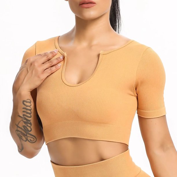 Conjunto de yoga acanalado para mujer, top corto de manga larga, pantalones cortos, conjunto de mallas, traje de fitness sin costuras, ropa activa sólida para gimnasio, ropa de entrenamiento