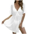 thumbnail image 2 of Swimwear Cover Up for Women Under $10 Casual V-neck Irregular Waist Cinched Beach Cover Shirt, 2 of 5