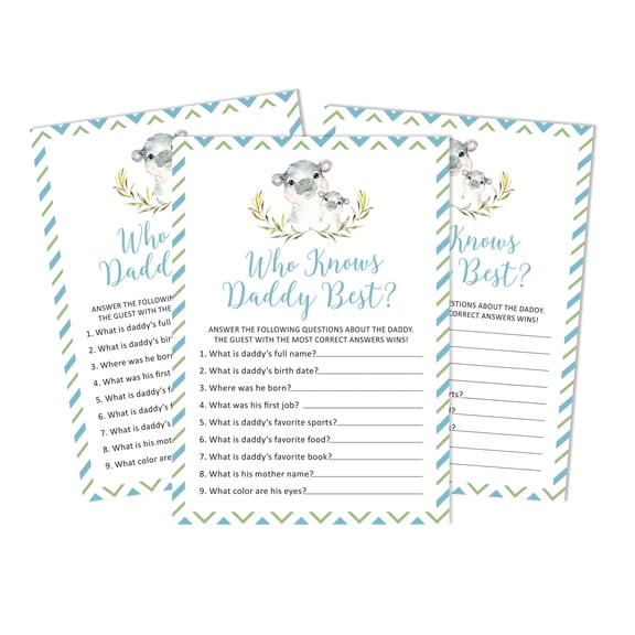 Inkdotpot Hippo Jungle Animals 50 PackWho Knows Daddy BestBaby Shower GameCards FunActivity Cards
