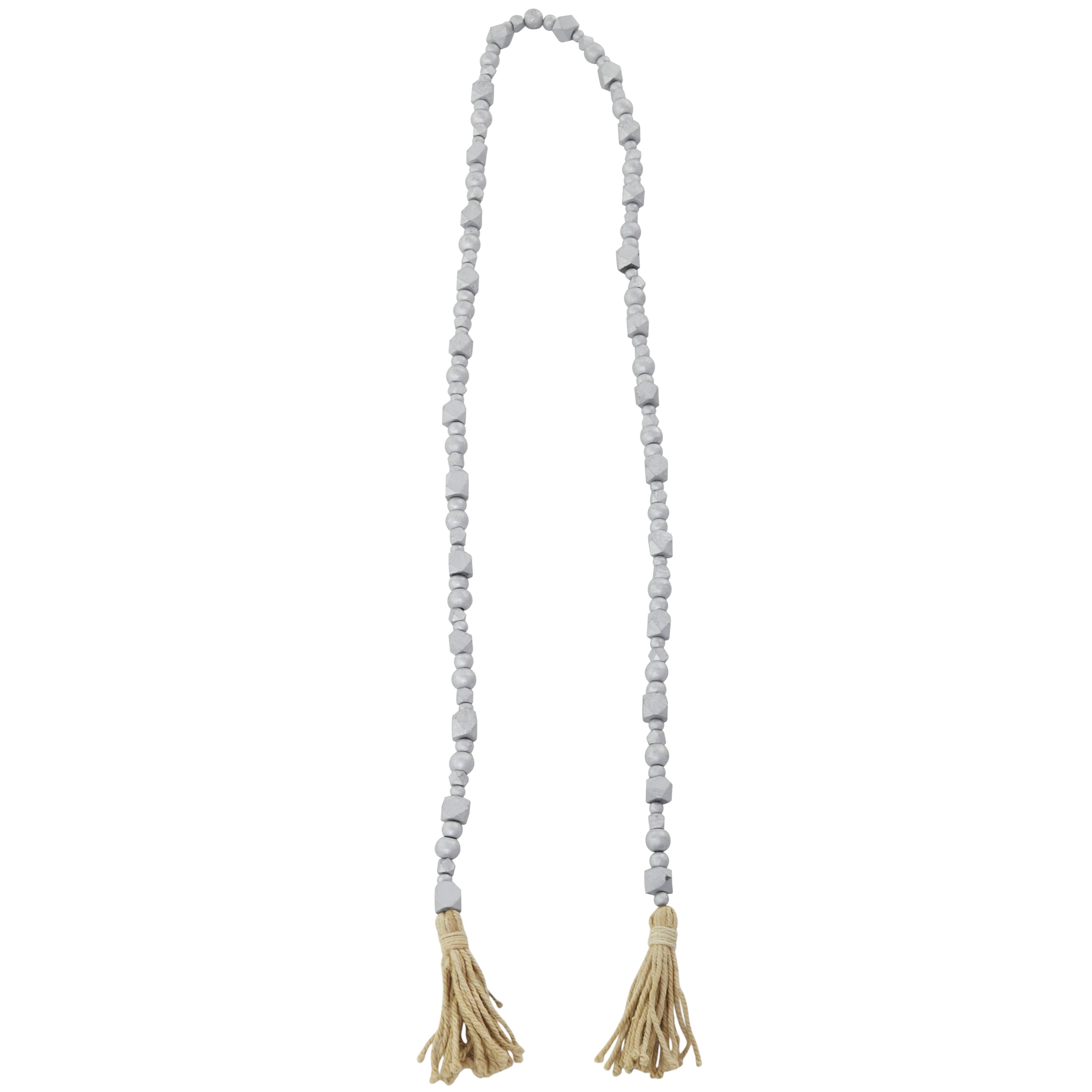 DecMode Handmade Hexagon Metallic Carved Geometric Long Beaded Silver Mango Wood Garland with Tassel