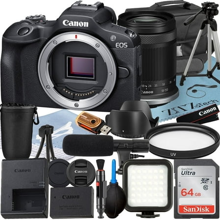 Canon EOS R100 Mirrorless Camera with RF-S 18-150mm Lens   64GB Memory Card   Case   LED Flash   ZeeTech Accessory Bundle (International Version)