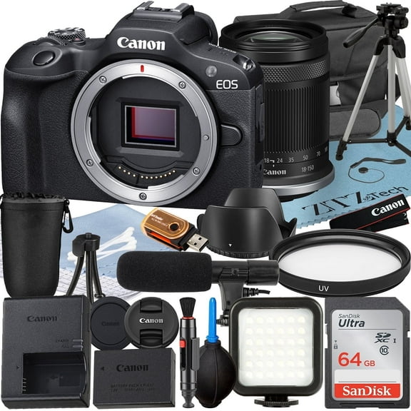 Canon EOS R100 Mirrorless Camera with RF-S 18-150mm Lens   64GB Memory Card   Case   LED Flash   ZeeTech Accessory Bundle (International Version)