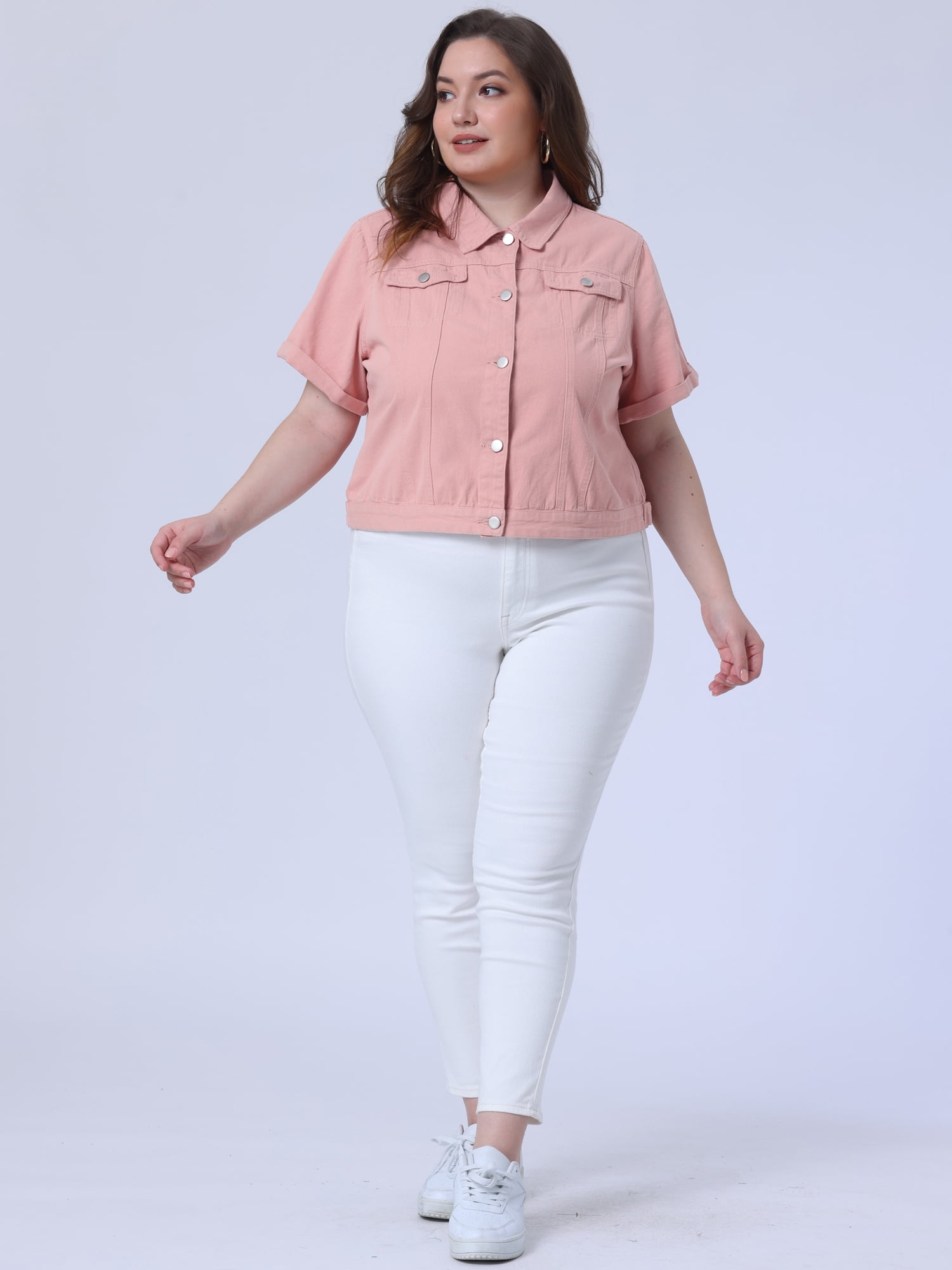 DARING DIVA Women's Plus Size Short Sleeve Lapel Button Denim Jacket 1X Pink