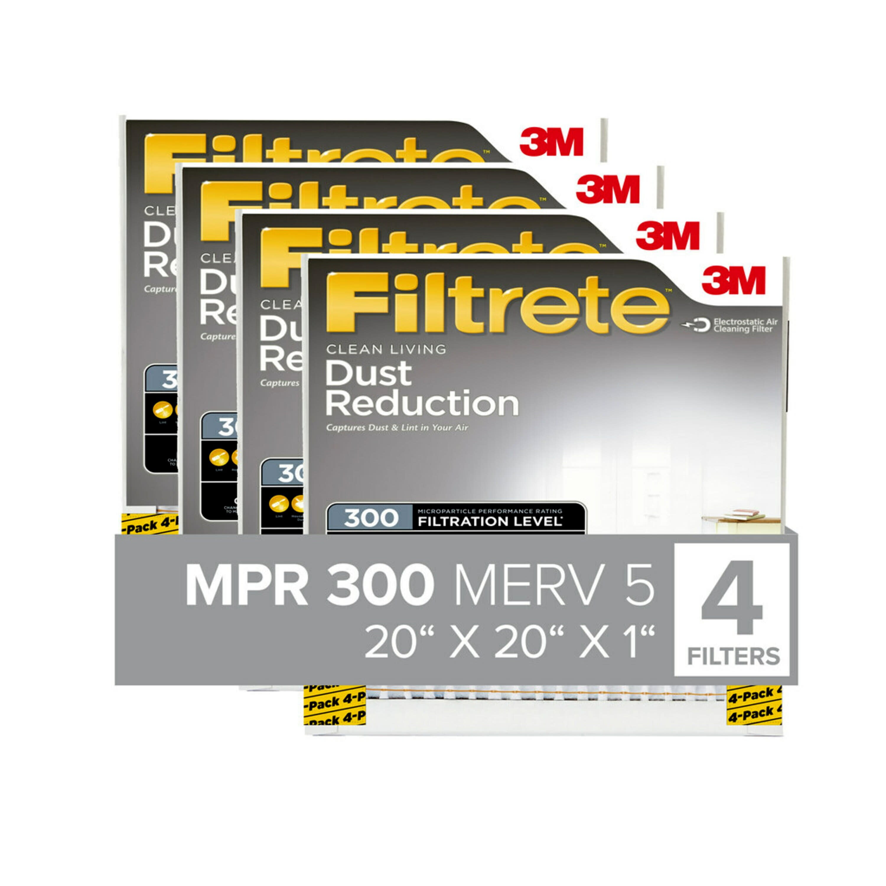 Filtrete 20x20x1 Air Filter, MPR 300 MERV 5, Clean Living Dust Reduction, 4 Filters