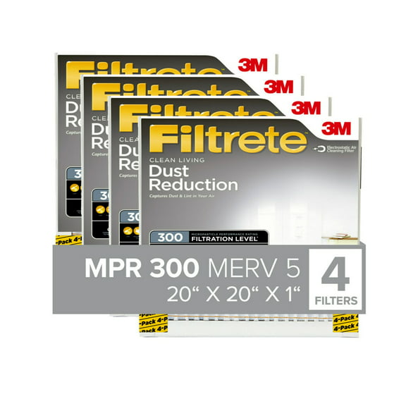 Filtrete 20x20x1 Air Filter, MPR 300 MERV 5, Clean Living Dust Reduction, 4 Filters
