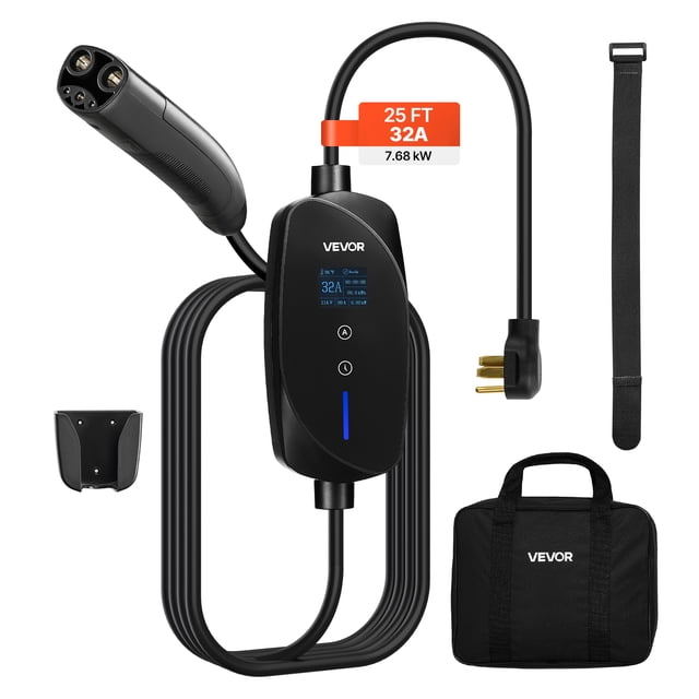 VEVOR Level 2 Tesla Charger 32A EV Charger with 240V NEMA 14-50P plug and 25 ft cable. This portable EV charger features an LCD display for real-time updates, adjustable current settings, and IP66 waterproof control box. Compatible with all Tesla models and includes a carrying bag for easy transport.