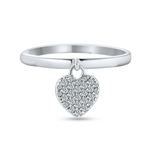 Bling Jewelry Womens Simple Delicate Sterling Silver Pave Dangle Heart Charm Ring 1MM Thin Band