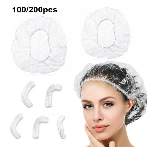 Gorros de ducha desechables de 200 piezas - Gorro de baño de engrosamiento elástico Multiusos Gorro de ducha transparente de plástico impermeable Gorros de ducha para mujeres Spa, gorros para hombres JAMW Sencillez