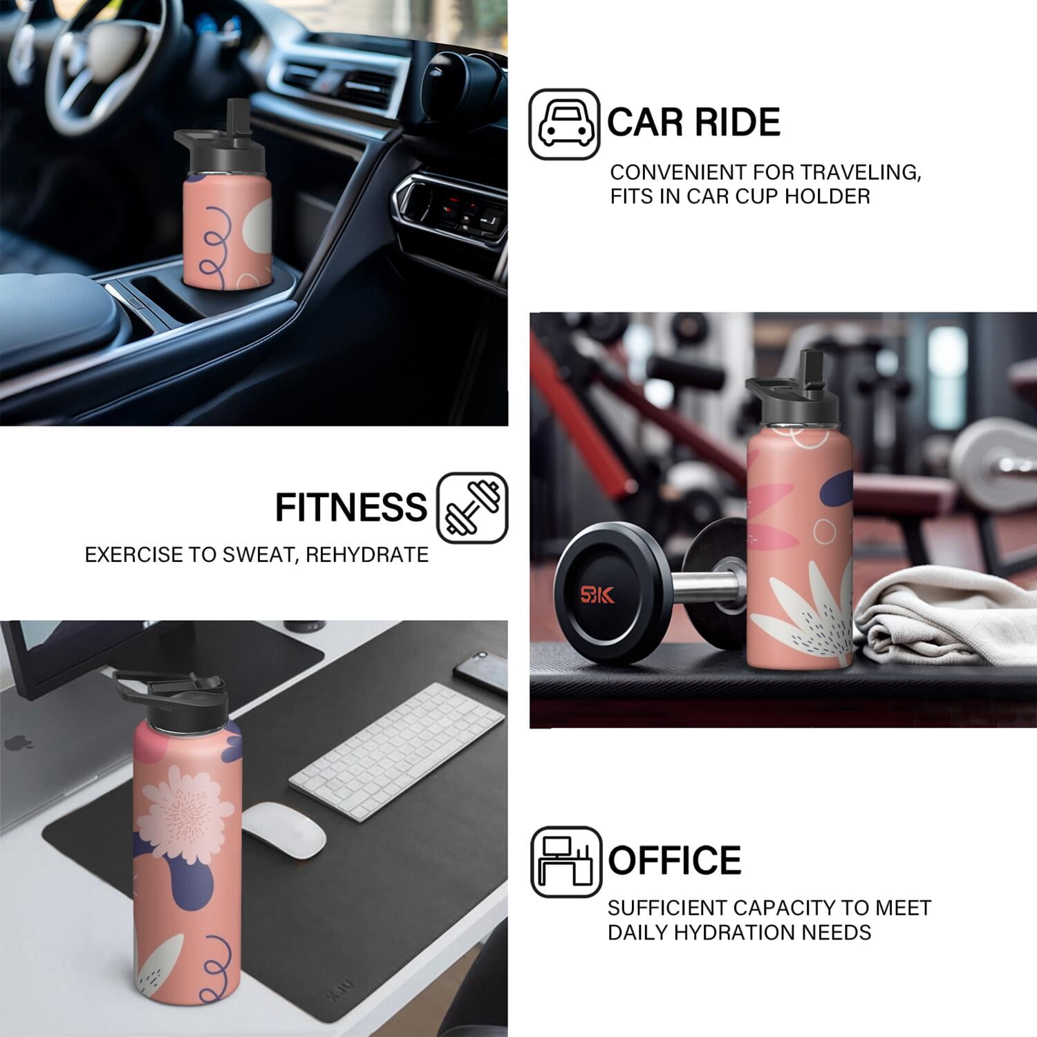 Modern 18 oz Insulated Stainless Steel Water Bottle with Straw & Cleaning Brush , Leakproof, BPA-Free, 304 Stainless Steel, Wide Mouth, Travel Mug for Car, Gym, Office