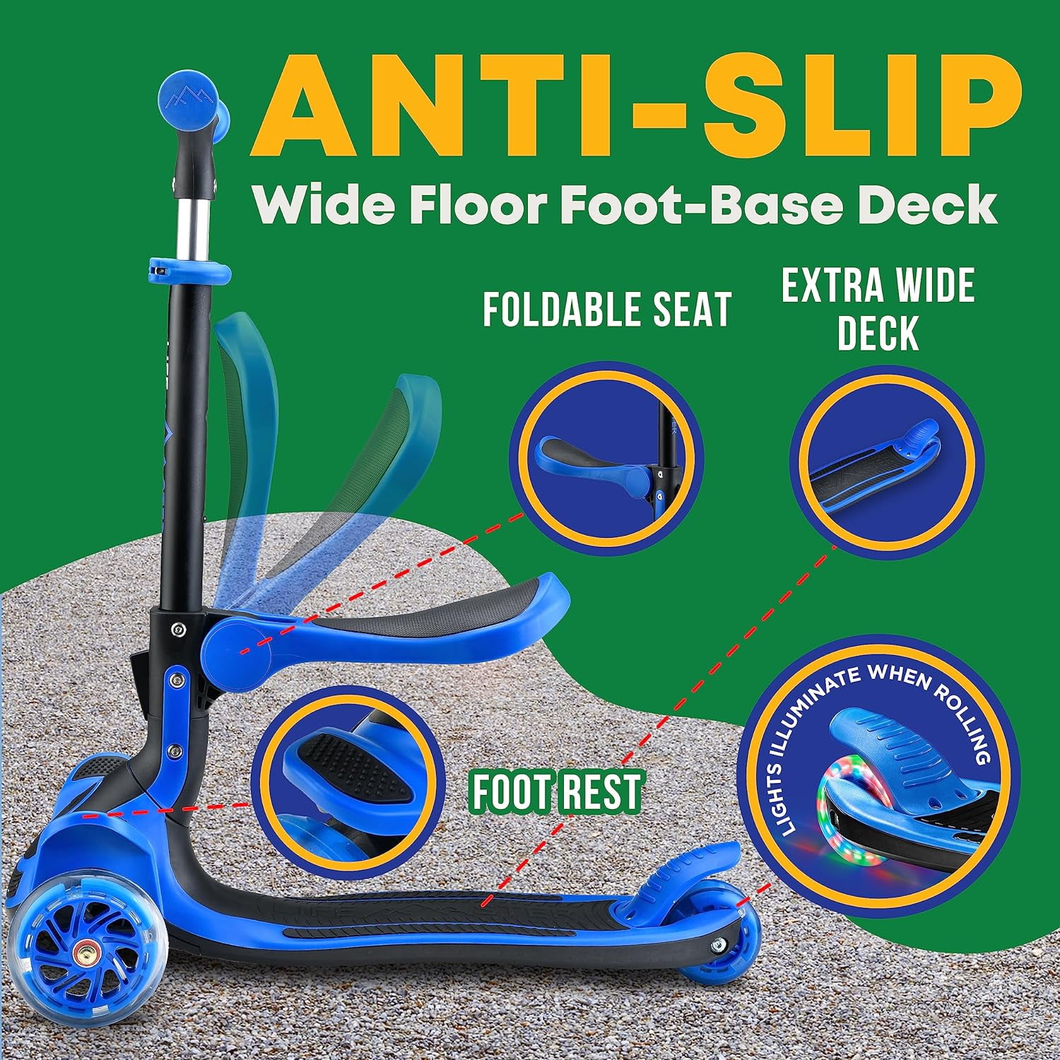 Kids Scooter – Foldable Seat – LED Wheel Lights Illuminate When Rolling – Children and Toddler 3 Wheel Kick Scooter – Adjustable Handlebar – Indoor and Outdoor- Blue - by Lifemaster