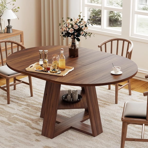 43.3‑59 in Extendable Oval Dining Table for 4‑6, Engineered Wood Round Dining Table with Hidden Extension Storage &Bottom Shelf, Space‑Saving Modern Kitchen Living Room Tables (Walnut)