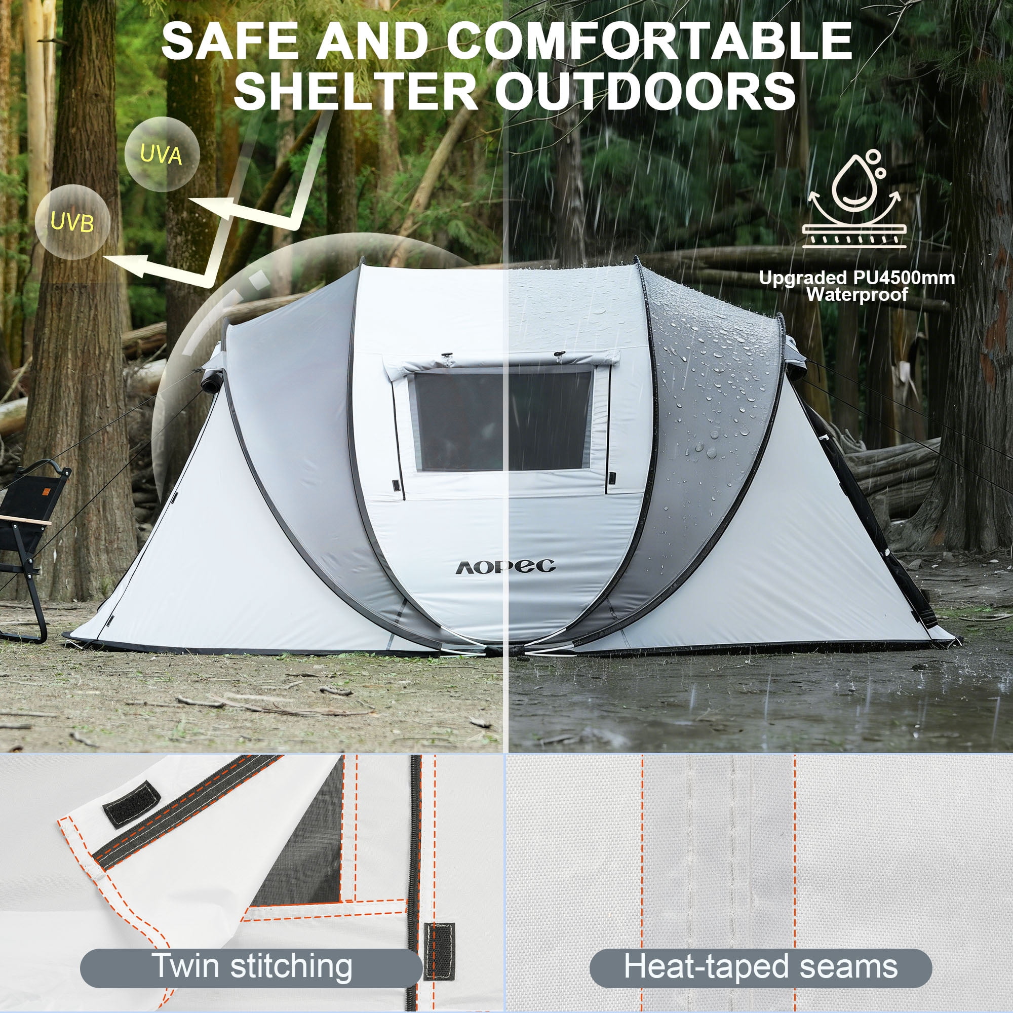 AOPEC Pop Up Camping Tent, 2/4/6 Person Instant Tent Waterproof PU4500mm, Spacious Ventilated Camping Tent with Front Porch, Quick Setup Lightweight Portable for Outdoor Camping Hiking Beach