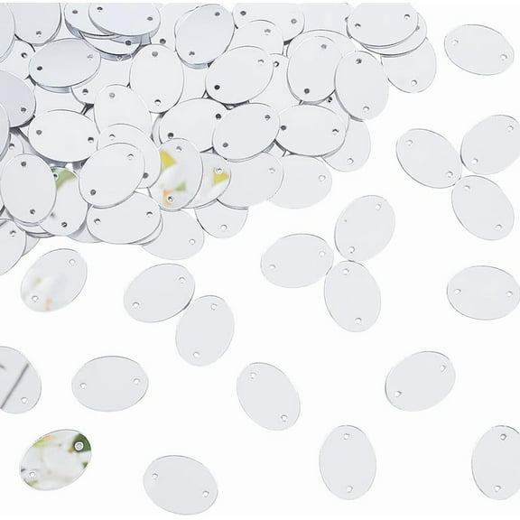 100Pcs Sew on Mirror Acrylic Oval Flat Back Mirror Beads with Hole Silver DIY Mirrored Rhinestones Decorative Mosaic Tiles for Costume Dresses Garment Accessory 19.5x14.5x0.8mm