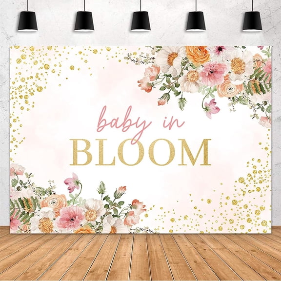 Baby in Bloom Backdrop for Girl Wildflower Baby in Bloom Decorations Banner Watercolor Floral Gold Dots Baby Shower Photography Background Cake Table Decor Supplies Photo Booth Props