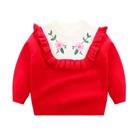 

LUOGENLI Sweaters for Boys 7-8 Toddler Boys Girls Winter Long Sleeve Flower Embroidery Ruffles Knit Sweater Warm Sweater for Children Clothes Sweaters for Boys 5-6 Years Old Red 2-3 Years