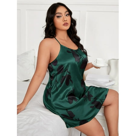 

Elegant Women s Plus Floral Print Satin Night Dress Dark Green 1XL(14) for Summer F220102Y