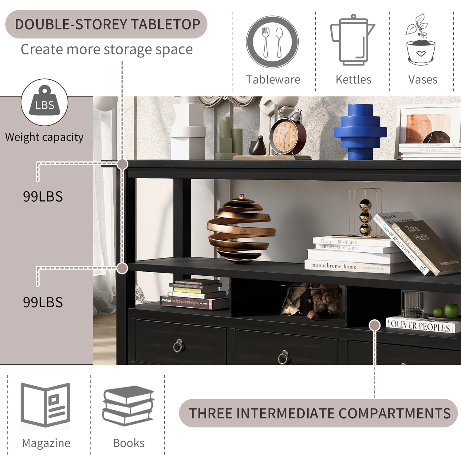 Kadyn Solid Wood Console Table, Sofa Console Table with Three Drawers and Double-Storey Tabletop, Classic Accent Table for Living Room, Distressed Black Kadyn Solid Wood Console Table, Sofa Console Table with Three Drawers and Double-Storey Tabletop, Classic Accent Table for Living Room, Distressed Black