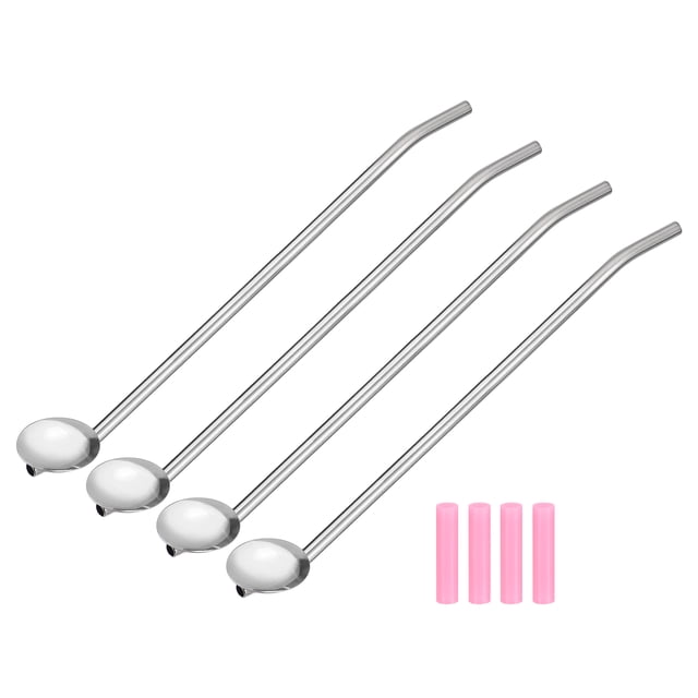 Unique Bargains 4Pack 8.3' Stainless Steel Drinking Straws Spoons with Silicone Tips Pink