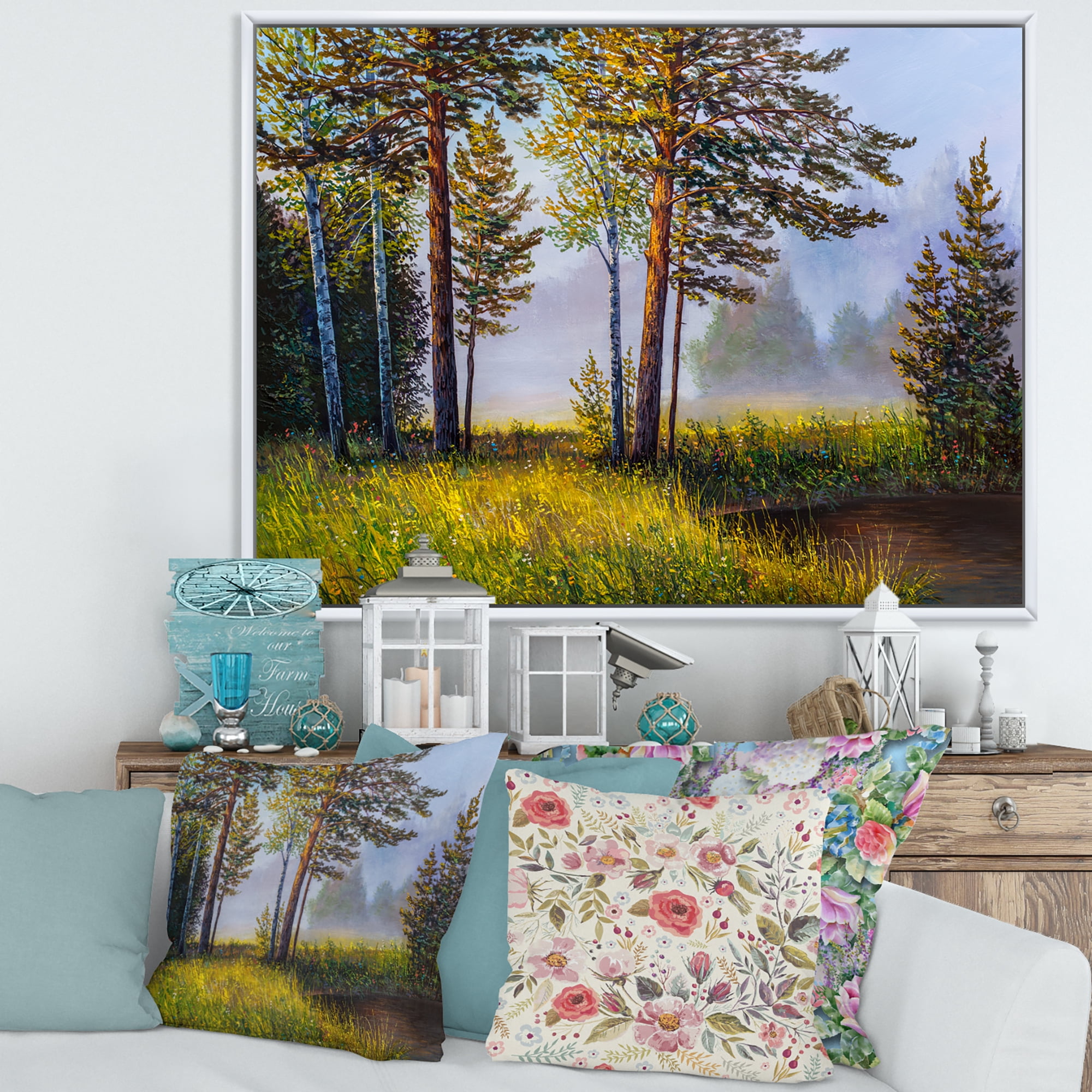 Subtle Sunset Light Through The Trees III 40 in x 30 in Framed Painting Canvas Art Print, by Designart