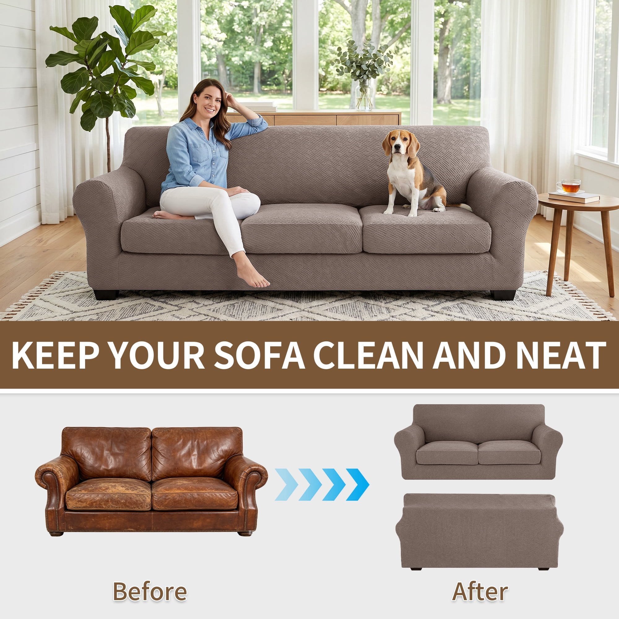 JIATER 3-Piece Sofa Cover Stretch Couch Cover Washable Sofa Slipcover Furniture Protector with 2 Cushion Covers,Loveseat Khaki