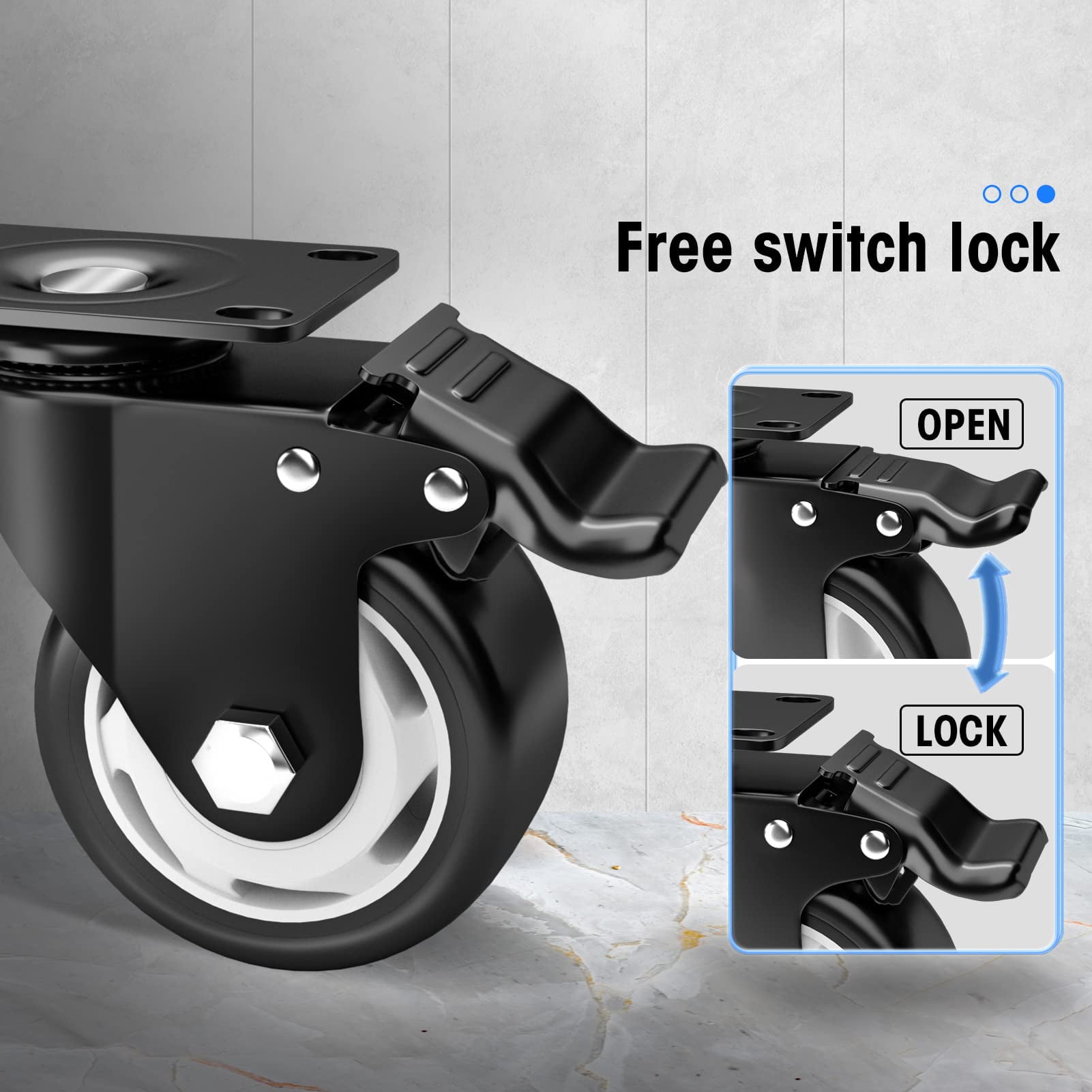 ASHGOOB Caster Wheels, 4 Inch Casters Set of 4 Heavy Duty - Black Polyurethane Castors, Top Plate Swivel Wheels, 4-Pack Industrial Casters with Brake, Locking Casters for Furniture and Workbench