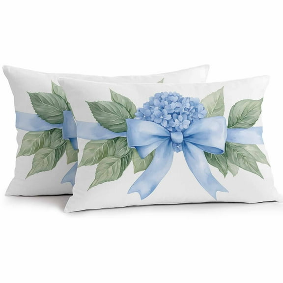 Hydrangea Spring Waterproof Outdoor Throw Pillow Covers 12''x20'' Pack 2, Pillow Cases Throw Cushion Cover with Zipper, Idyllic Flower Floral Bow Plant Leaf Washable Pillowcase for Poolside Sofa