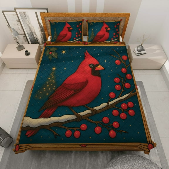Winter Cardinal Quilt Bedding Set, Christmas Quilt Bed Set with Red Bird and Holly Berries, Christmas Holiday Gift For Bedroom Décor