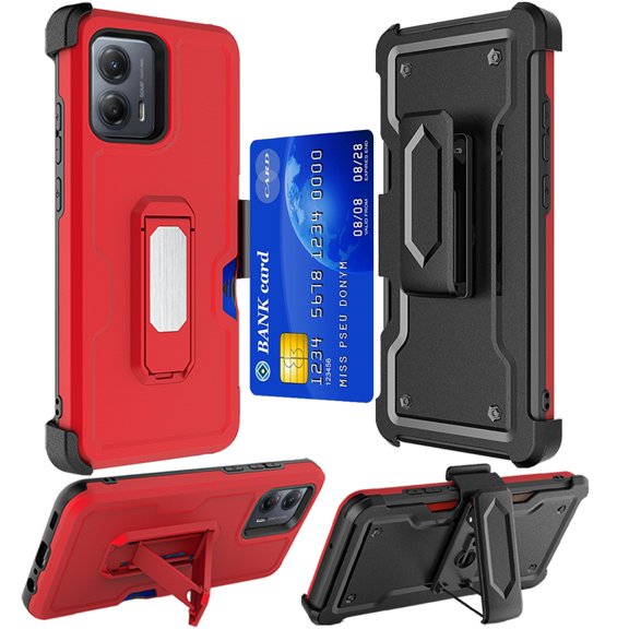 Military Grade Ultra Rugged Hybrid Kickstand Case with Card Slot and Belt Clip Holster for Motorola Moto G 2025 - Red