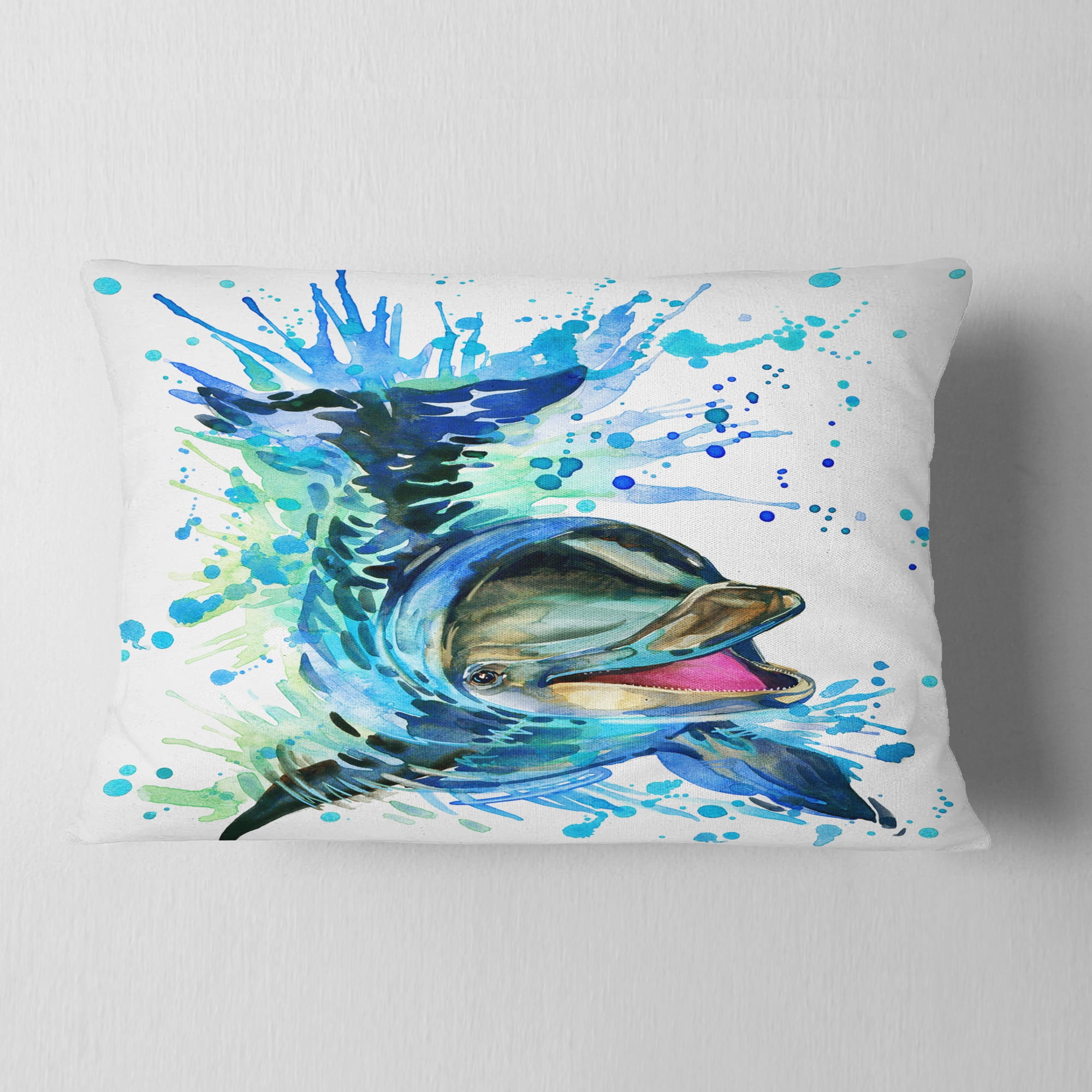 Designart Large Blue Dolphin Watercolor - Contemporary Animal Throw Pillow - 12x20