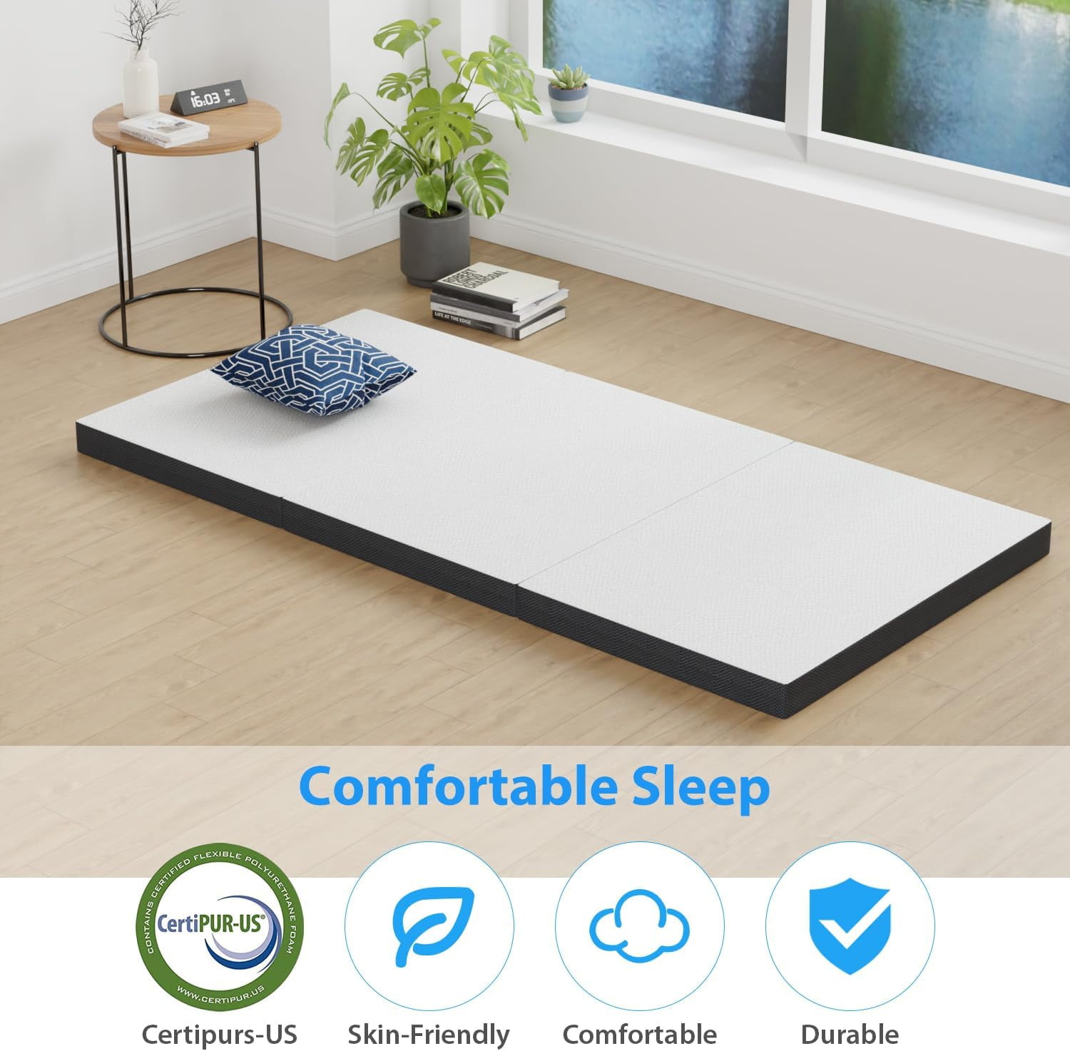 XF XINFENG 3 inch Memory Foam Mattress Tri-Folding Floor Mattress with Portable and Washable Cover,Twin,White