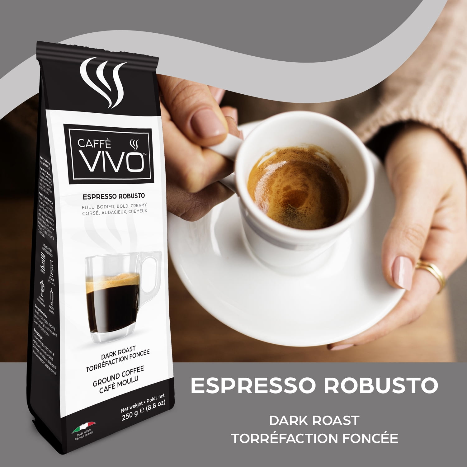 Caffè VIVO Espresso Robusto (Ground Coffee), 250g Premium Ground Italian Coffee
