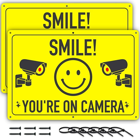 Assured Signs Smile You're on Camera Signs for Wall or Fence | Video Surveillance Sign | 11.75 by 8" | Aluminum | 2 Pack