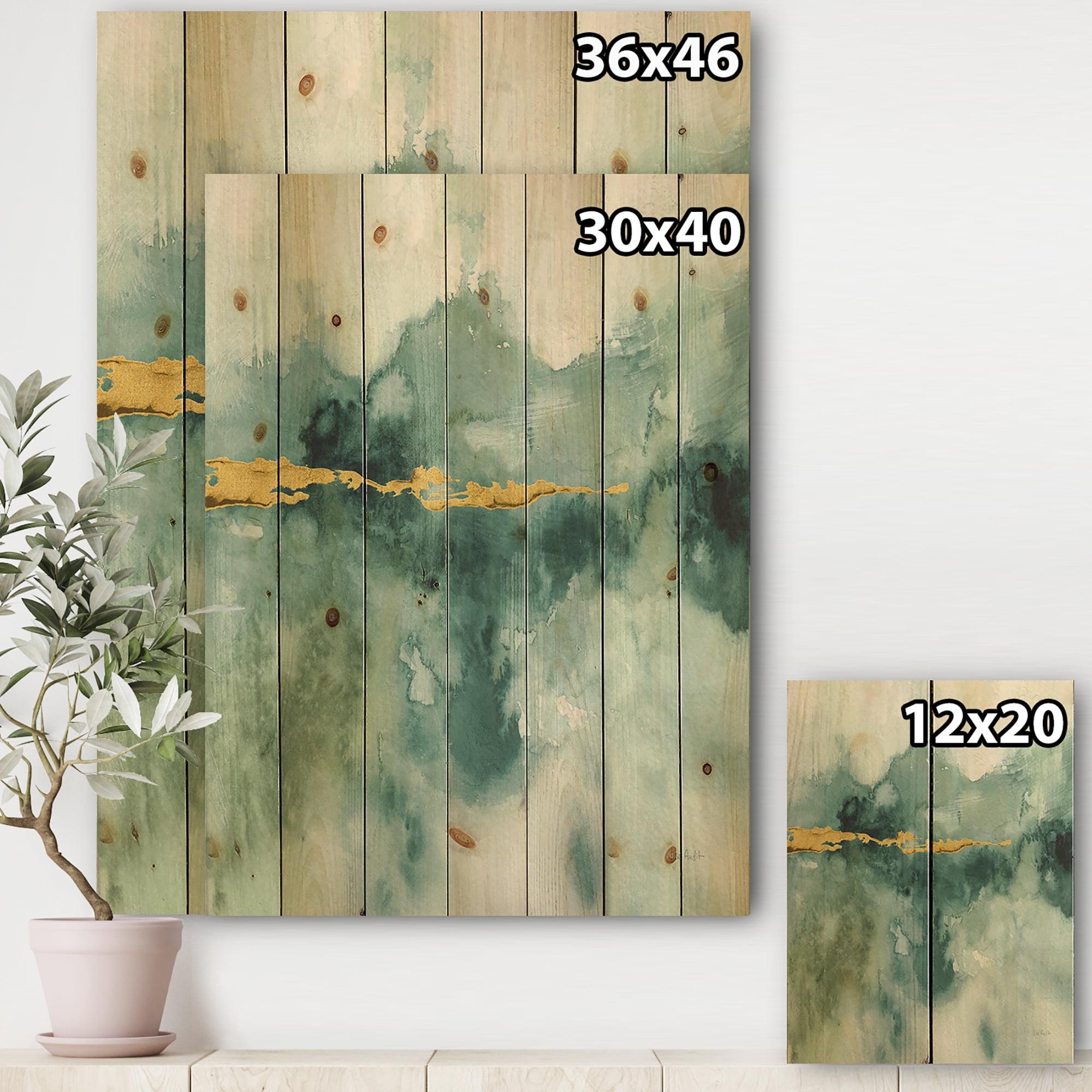 Designart 'Fractal Blue Watercolor Impression with Gold' Traditional Print on Natural Pine Wood