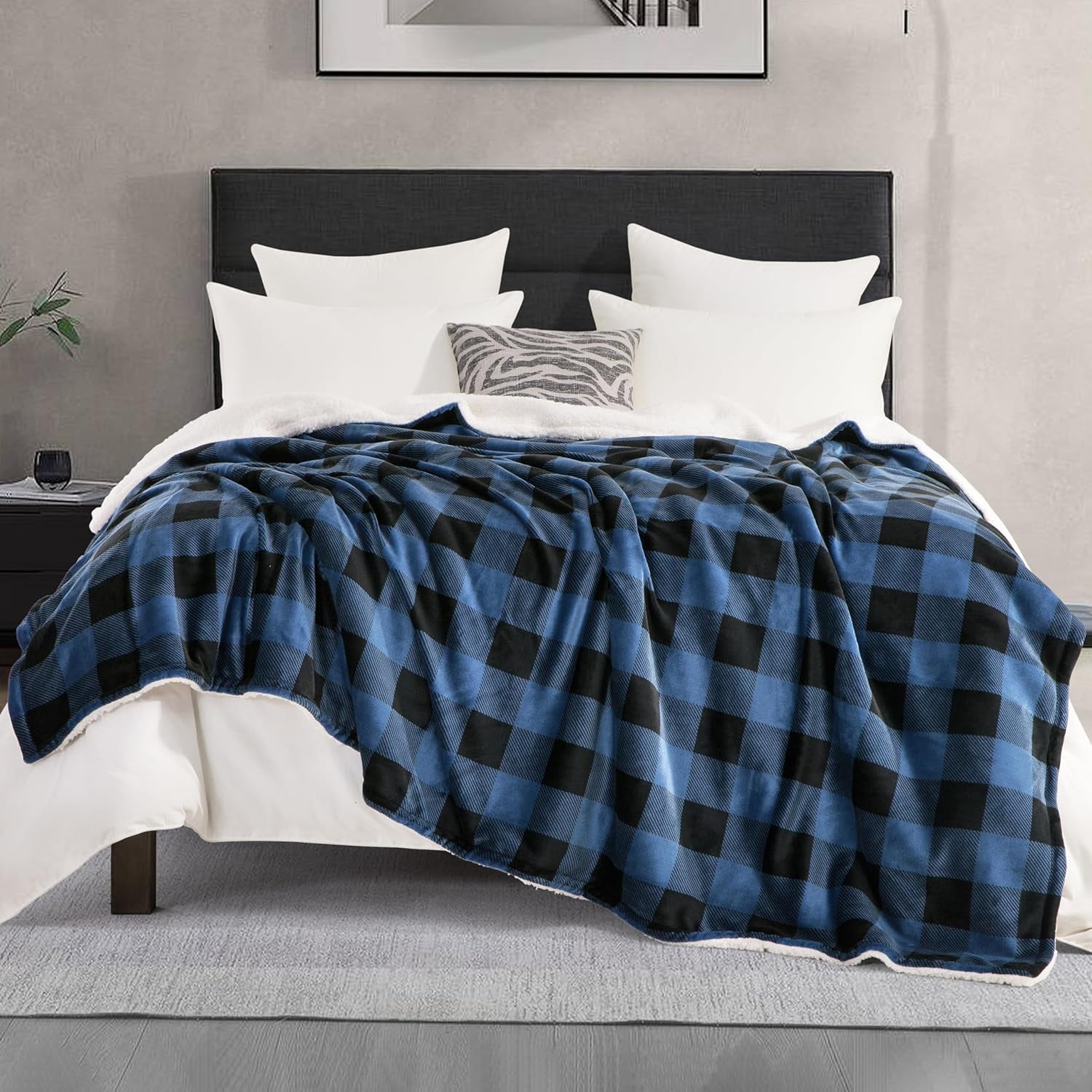 Elegant Comfort Reversible Buffalo Plaid Flannel Sherpa Blanket - Soft Fleece Throw for Couch or Bed - Plush Warm Winter Blanket, Twin XL, Blue