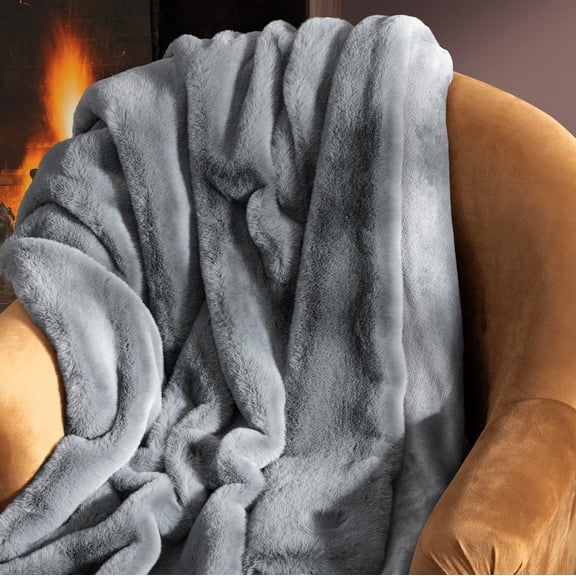 Euphoria Faux Fur Throw Blanket, Oversized Soft Throw for Couch or Bed, Luxury Room Decor, Giftable Fuzzy Blankets, Machine Washable, 50-inch x 70-inch, Chambray Blue Grey