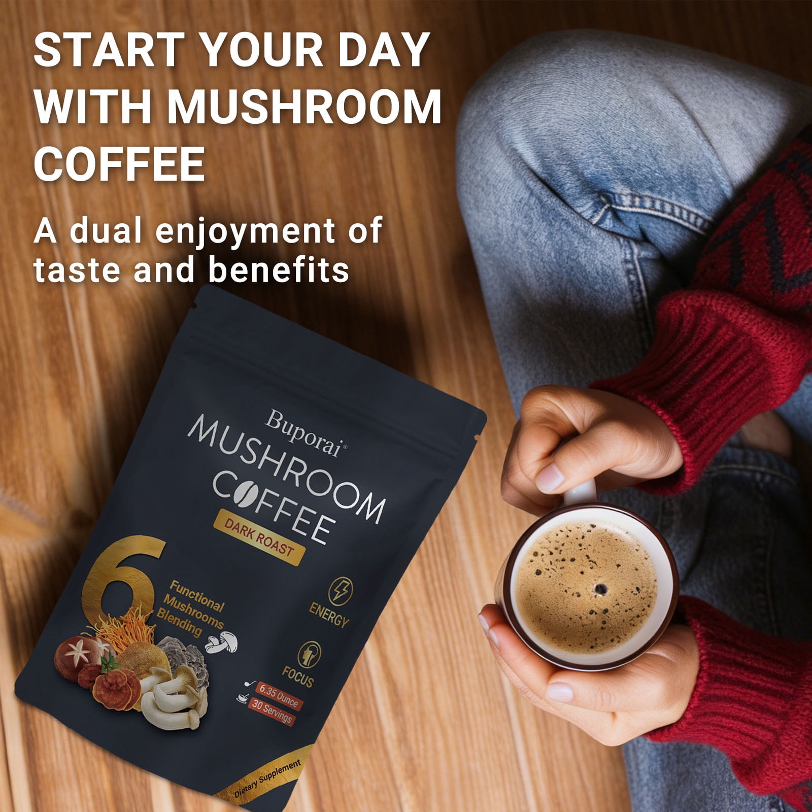 Mushroom Coffee Dark Roast - with 6 Mushrooms & Instant Coffee - Lion’s Mane, Cordyceps - for Energy, Focus, Digestion - 30 Servings