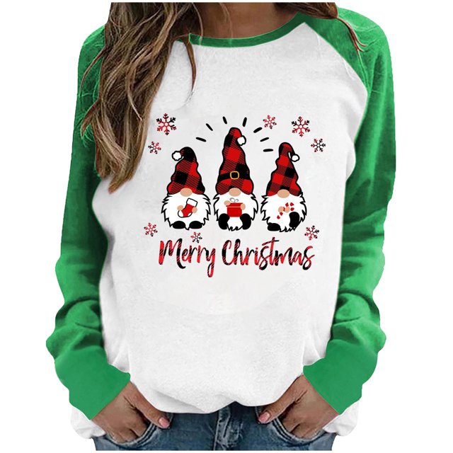 RKSTN Chandail en Molleton pour Femmes Noël Col Rond Père Noël Imprimé Chandail en Molleton Manches Longues Pactchwork Blouse Régulière