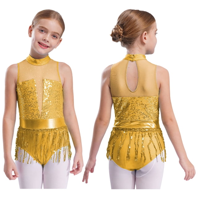 XUNZOO Justaucorps à Franges à Paillettes pour Filles, Costumes de Danse Rumba Samba Jazz, Justaucorps de Danse Latine à Franges Jaune 6