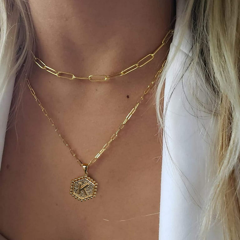 Dainty Layered Necklaces for Women, 14K Gold Plated Paperclip Chain Necklace Simple Cute Hexagon Letter Pendant Initial Choker Necklace Gold Necklaces Women - Walmart.com