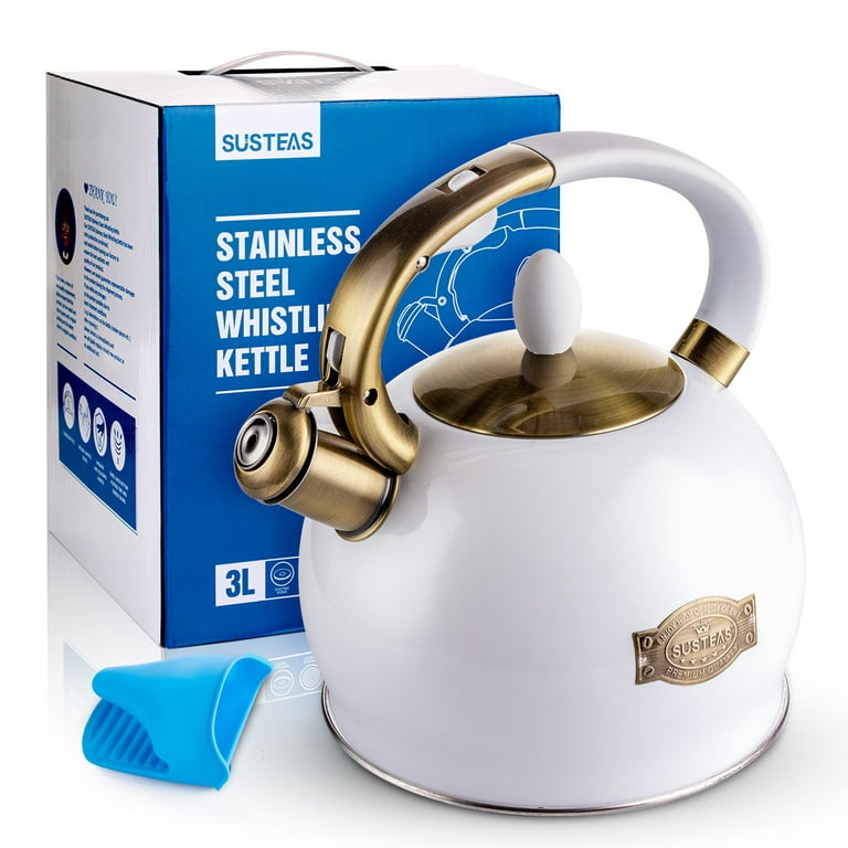 SUSTEAS Stove Top Whistling Tea Kettle-Surgical Stainless Steel Teakettle  Teapot with Cool Touch Ergonomic Handle,1 Free Silicone Pinch Mitt