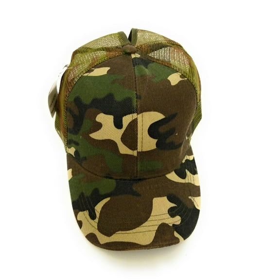 Womens Hat Adjustable Army Camo High Ponytail Bun Mesh Vented Trucker Cap Green Brown