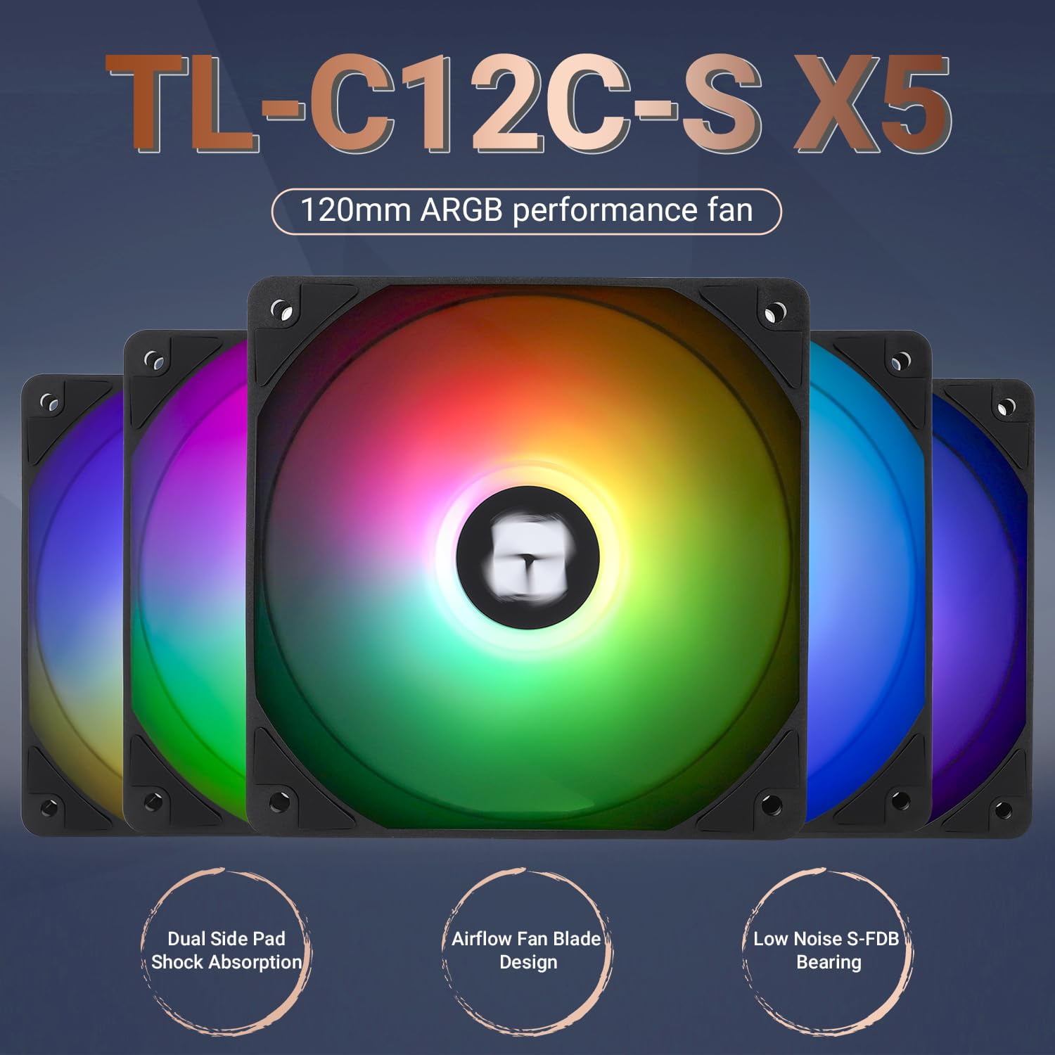 5 Pack TL-C12C-S CPU Fan 120mm ARGB Case Cooler Fan, 4pin PWM Silent Computer Fan with S-FDB Bearing Included, up to 1550RPM Cooling Fan（5 Quantities）