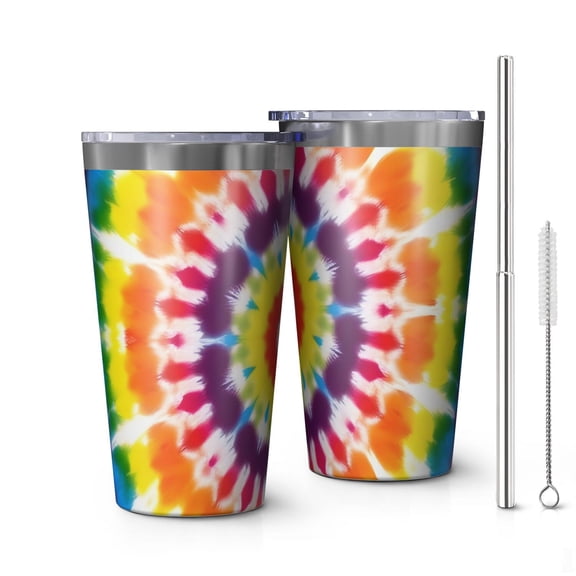 16oz Tumblers Tie Dye Rainbow Concentric Circles Pattern Stainless Steel Vacuum Insulated Double Wall Travel Tumbler Cups Mug with Lid and Straw,Cleaning Brush for Coffee,Tea