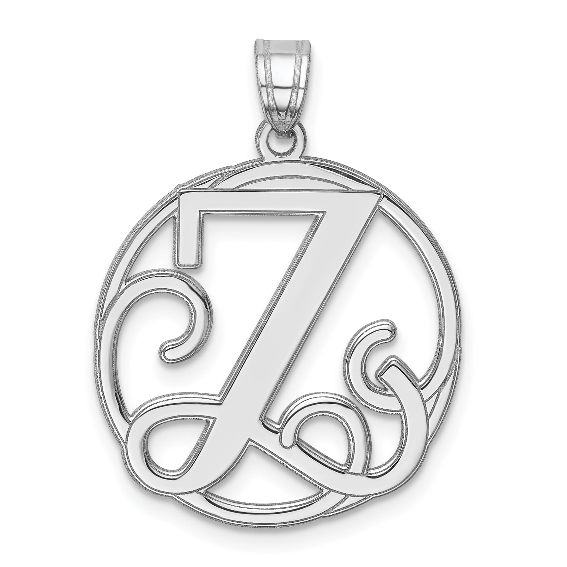 White Sterling Silver Charm Pendant Rhodium-Plated Fancy Script Initial I