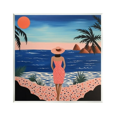 Stupell Industries Girl on Sunset Beach Landscape Painting Unframed Art Print Wall Art, 12 x 12