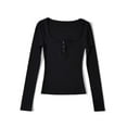 thumbnail image 2 of Arlun,Button up V-Neck T Shirts for Women Petite Stretchy Slim Fit Long Sleeve Fall New Tops Ladies Solid Color Round Neck Basic Tee Shirts Black S, 2 of 4