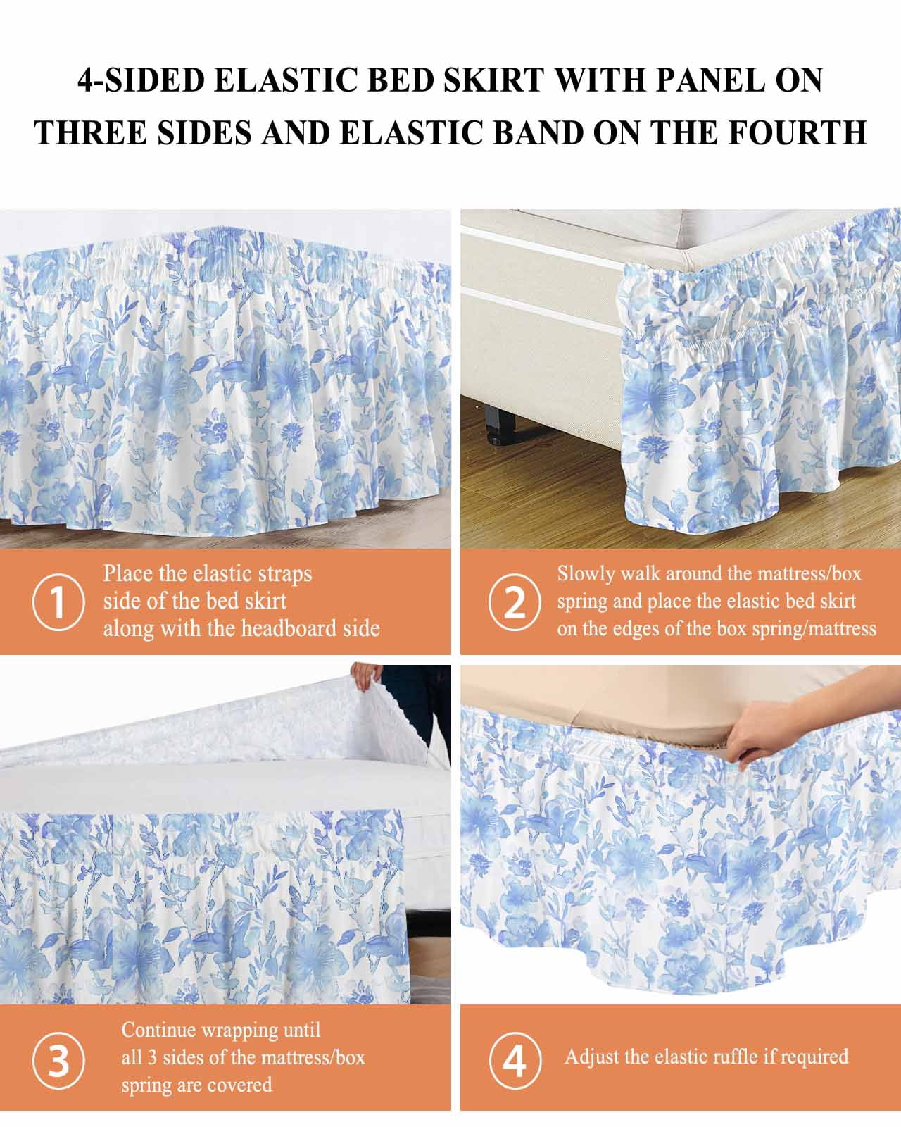 Abstract Blue Floral Bed Skirt Watercolor Plants Flowers Leaf Bed Skirts Queen Size 16 Inch Drop, Wrap Around Dust Ruffle&nbsp;Bedskirt with Adjustable Elastic Belt for Queen Size Beds