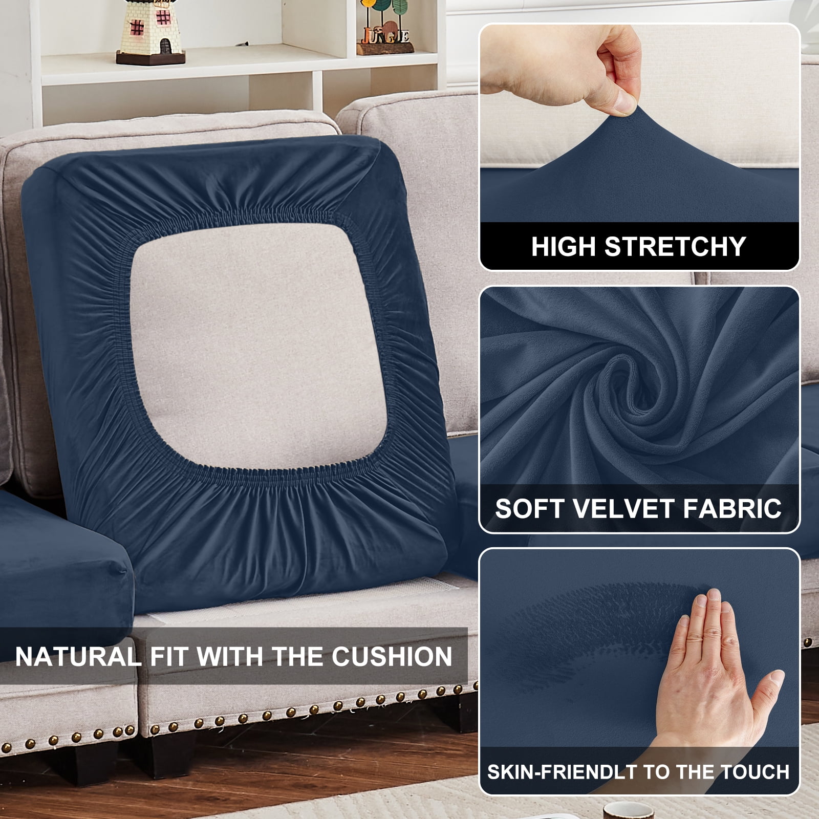 Sanmadrola Couch Covers Velvet Sofa Cushion Cover Stretch Machine Washable Universal Slipcover Furniture Protector for Couches Sectional Sofas, Aegean Blue