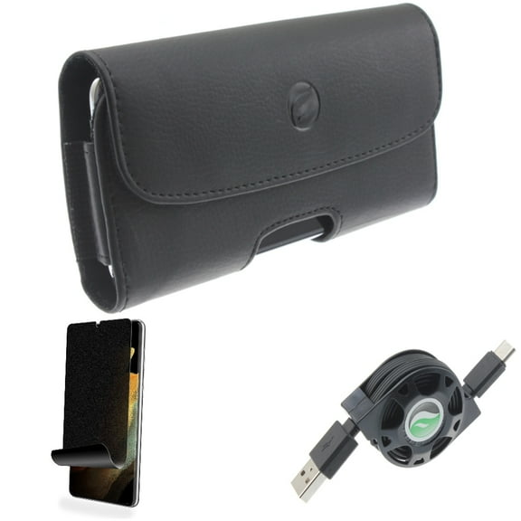 Privacy Screen Protector & USB Cable & Case Belt Clip for Samsung Galaxy S21 Ultra Phone - TPU Film Fingerprint Works & Retractable Type-C & Leather Holster Accessory Bundle